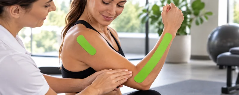 K Tape verde Recovery adherido al brazo durante un movimiento suave.