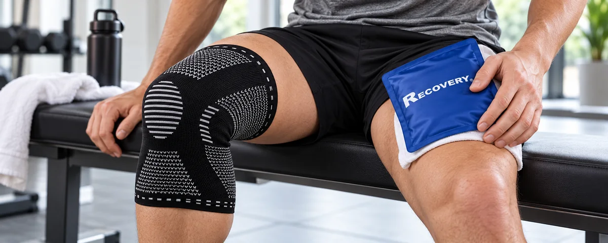 Rodillera Recovery puesta en una rodilla y compresa azul en uso con una tela protectora.