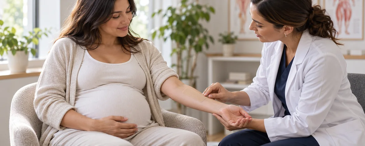 Profesional revisando una pequeña muestra de K Tape beige en el antebrazo durante una consulta de embarazo.