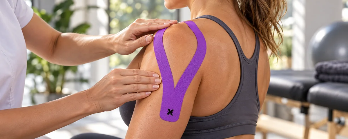 K Tape morado Recovery colocado sobre el hombro, con la aplicación completa visible.