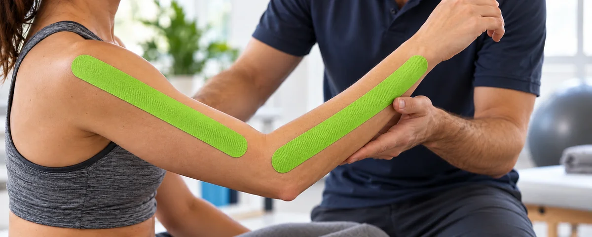 K Tape verde adherido en la zona lateral del codo y el antebrazo.