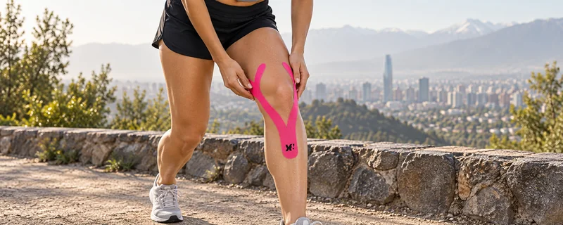 Corredora con K Tape rosado colocado en la zona de la rodilla.