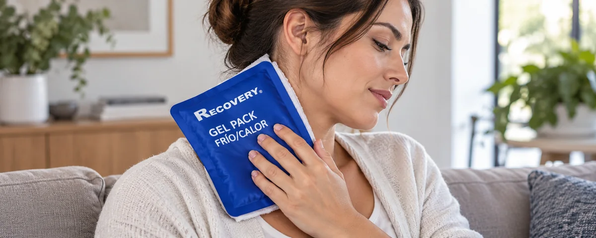 Compresa azul Recovery aplicada en cuello y hombro con una tela fina entre el producto y la piel.