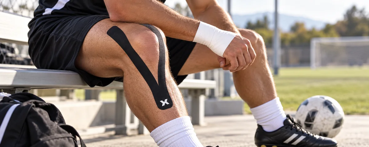 Futbolista con K Tape negro adherido en la zona de la rodilla antes de entrenar.
