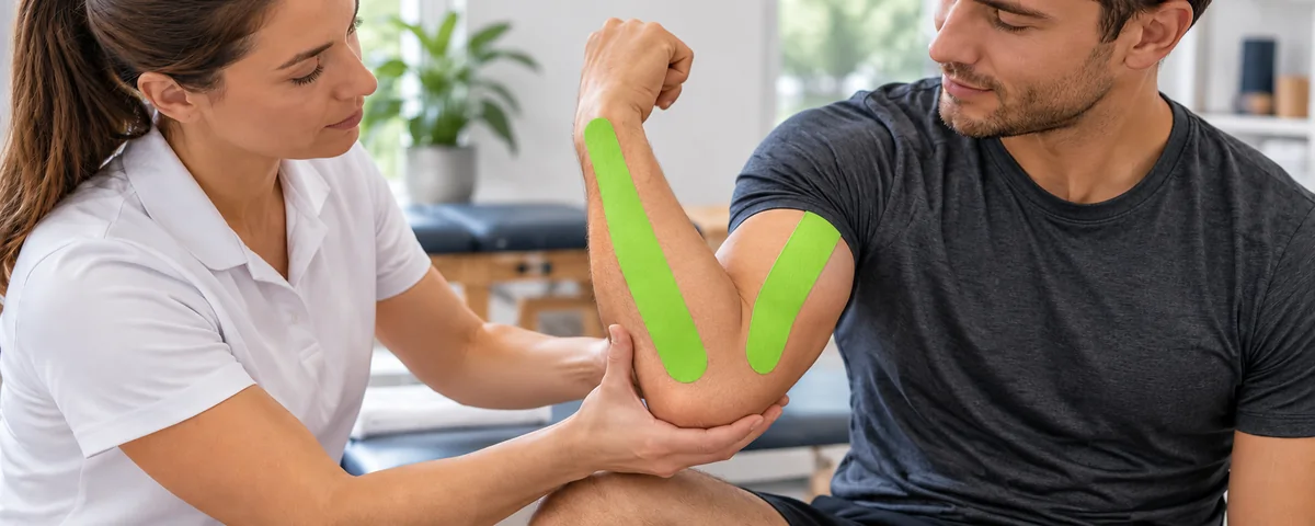 K Tape verde colocado en el brazo durante una revisión del movimiento con un profesional.