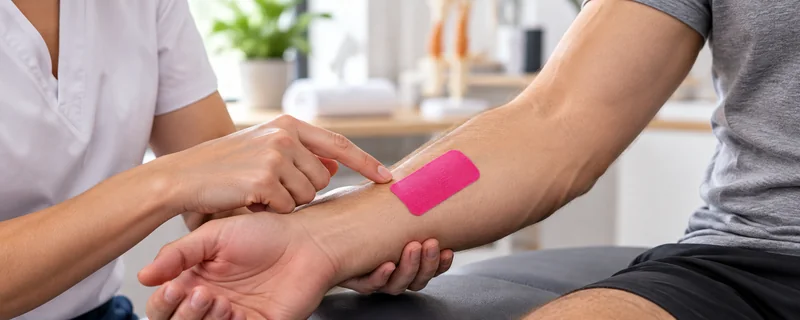 Pequeña muestra de K Tape rosado sobre piel íntegra durante una revisión de tolerancia.