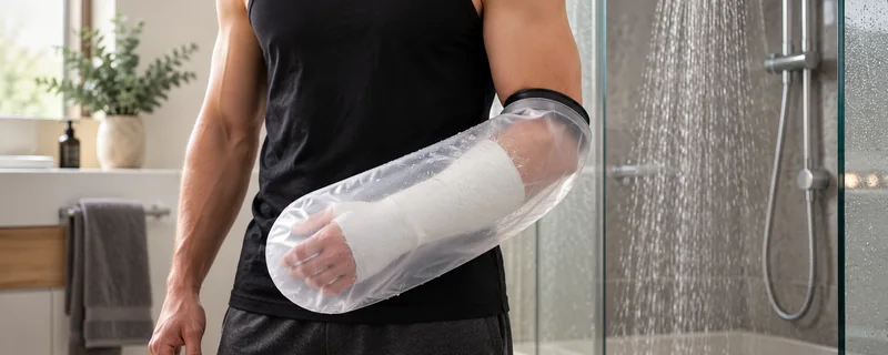 Protector de brazo Recovery colocado sobre un yeso, con la mano y el antebrazo cubiertos.