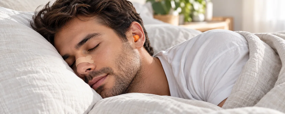 Persona descansando con tira nasal externa y tapón de espuma colocado en el oído.