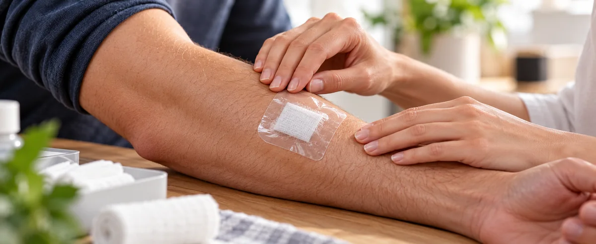 Apósito transparente Recovery colocado sobre una pequeña gasa en el antebrazo.