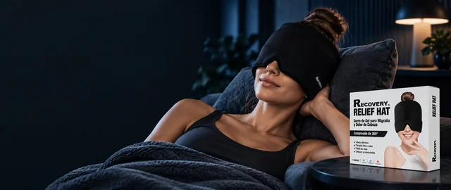 Persona descansando con gorro de gel Recovery y su empaque