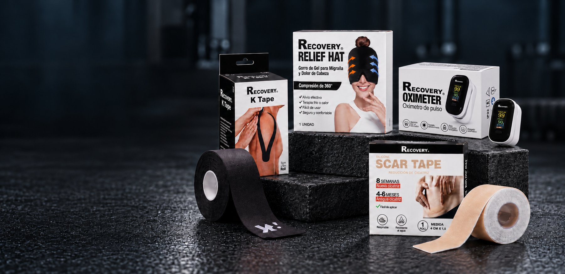 K Tape Recovery negro con su caja y rollo, Relief Hat, Scar Tape y oxímetro de pulso Recovery con su caja