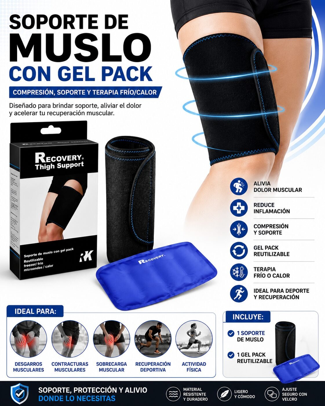 Soporte de Muslo/Pantorrilla Recovery con Gel Pack Frío/Calor
