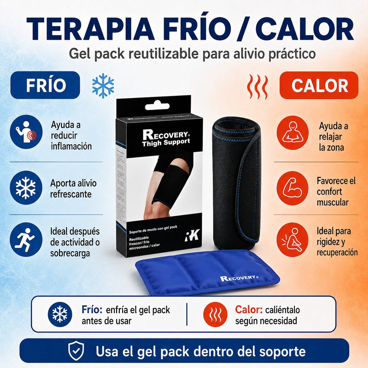 Soporte de Muslo/Pantorrilla Recovery con Gel Pack Frío/Calor