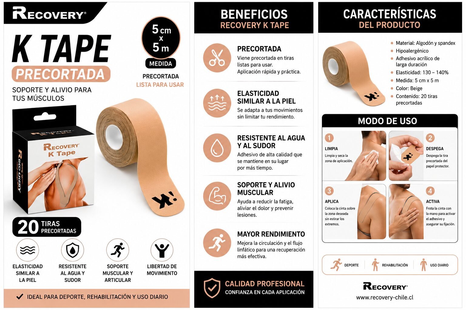 Duo Pack K Tape Recovery Beige 5 cm x 5 m - 40 Tiras Precortadas