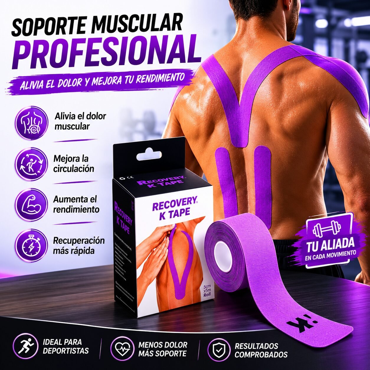 K Tape Recovery Morado 5 cm x 5 m - 20 Tiras Precortadas