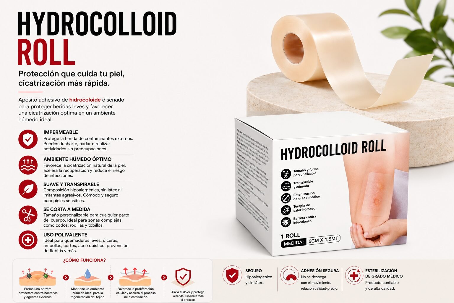 Rollo Hidrocoloide Recovery 5 cm x 15 m para Heridas y Ampollas