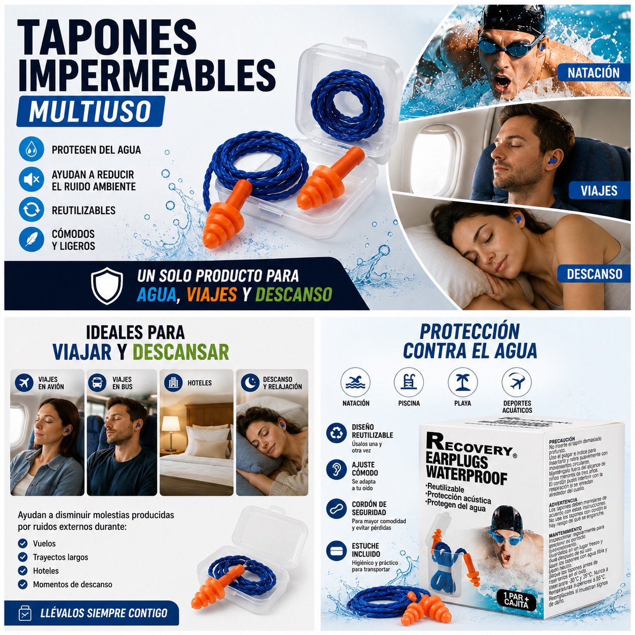 Tapones de Oído Impermeables Recovery Reutilizables para Natación y Viajes