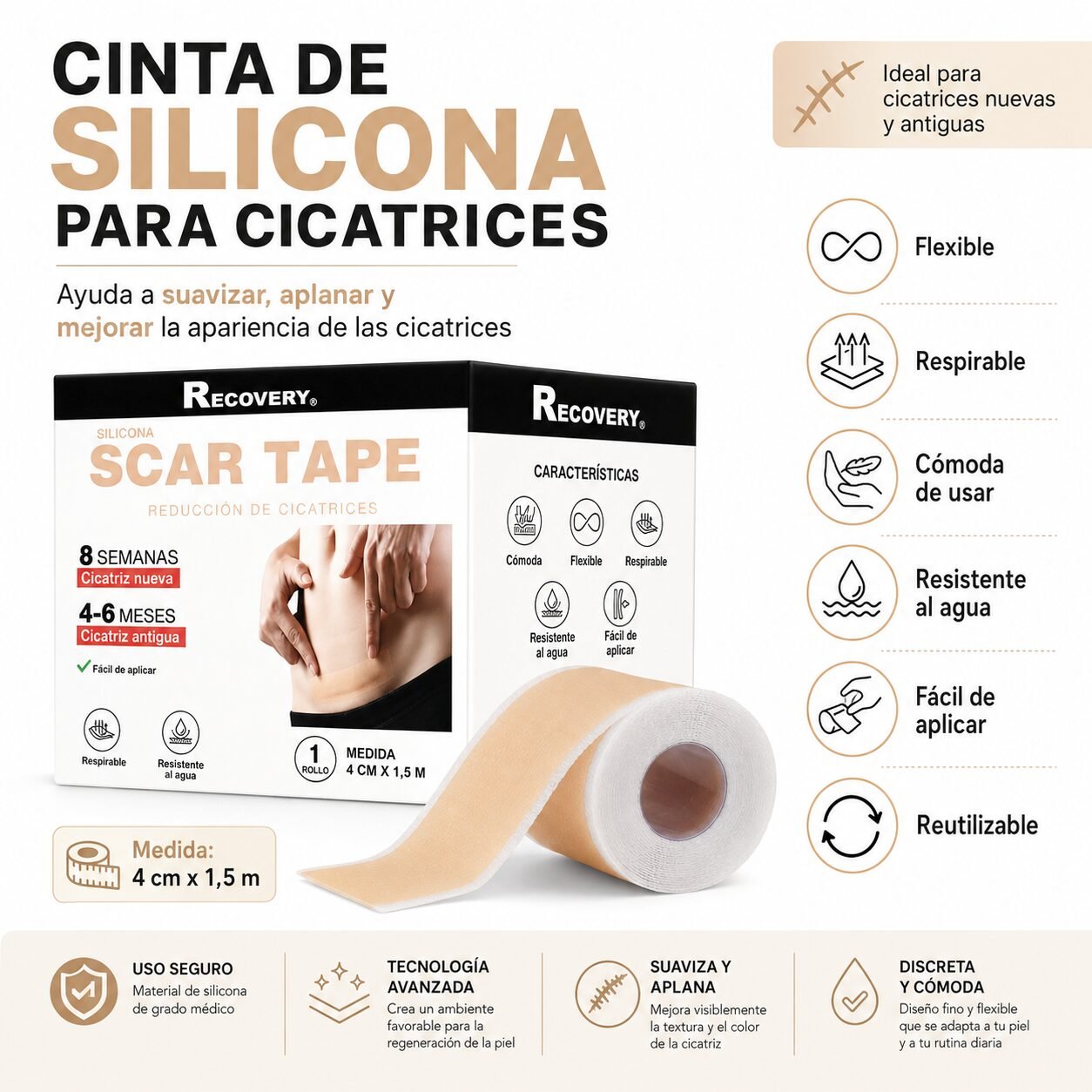 Parche de Silicona Recovery para Cicatrices 4 cm x 1,5 m