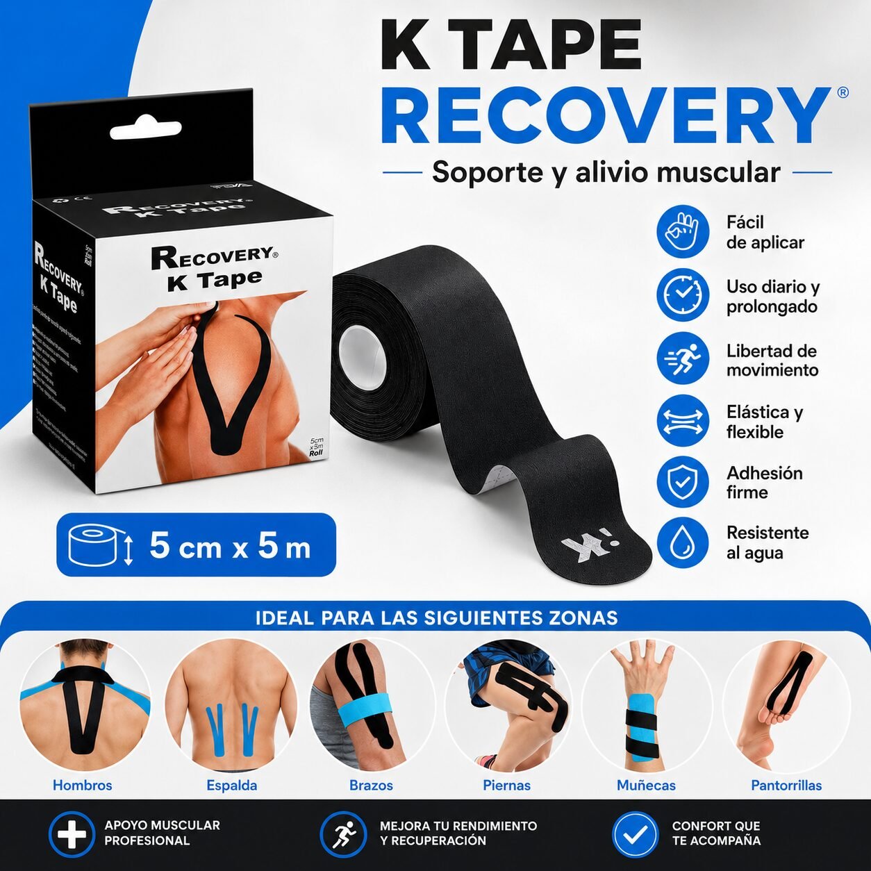 K Tape Recovery Negro 5 cm x 5 m - 20 Tiras Precortadas