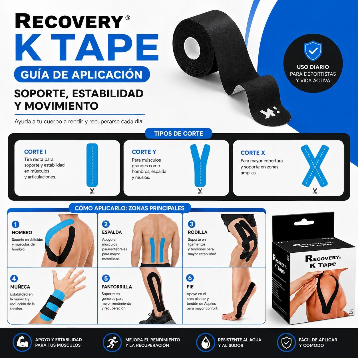 K Tape Recovery Negro 5 cm x 5 m - 20 Tiras Precortadas
