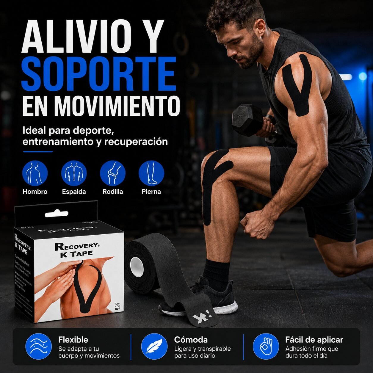 K Tape Recovery Negro 5 cm x 5 m - 20 Tiras Precortadas
