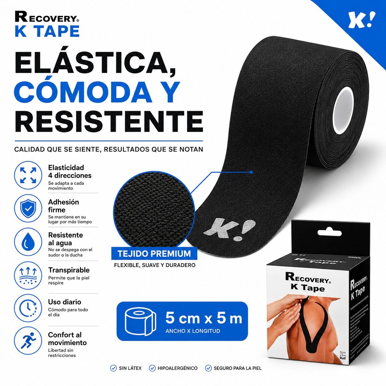 K Tape Recovery Negro 5 cm x 5 m - 20 Tiras Precortadas