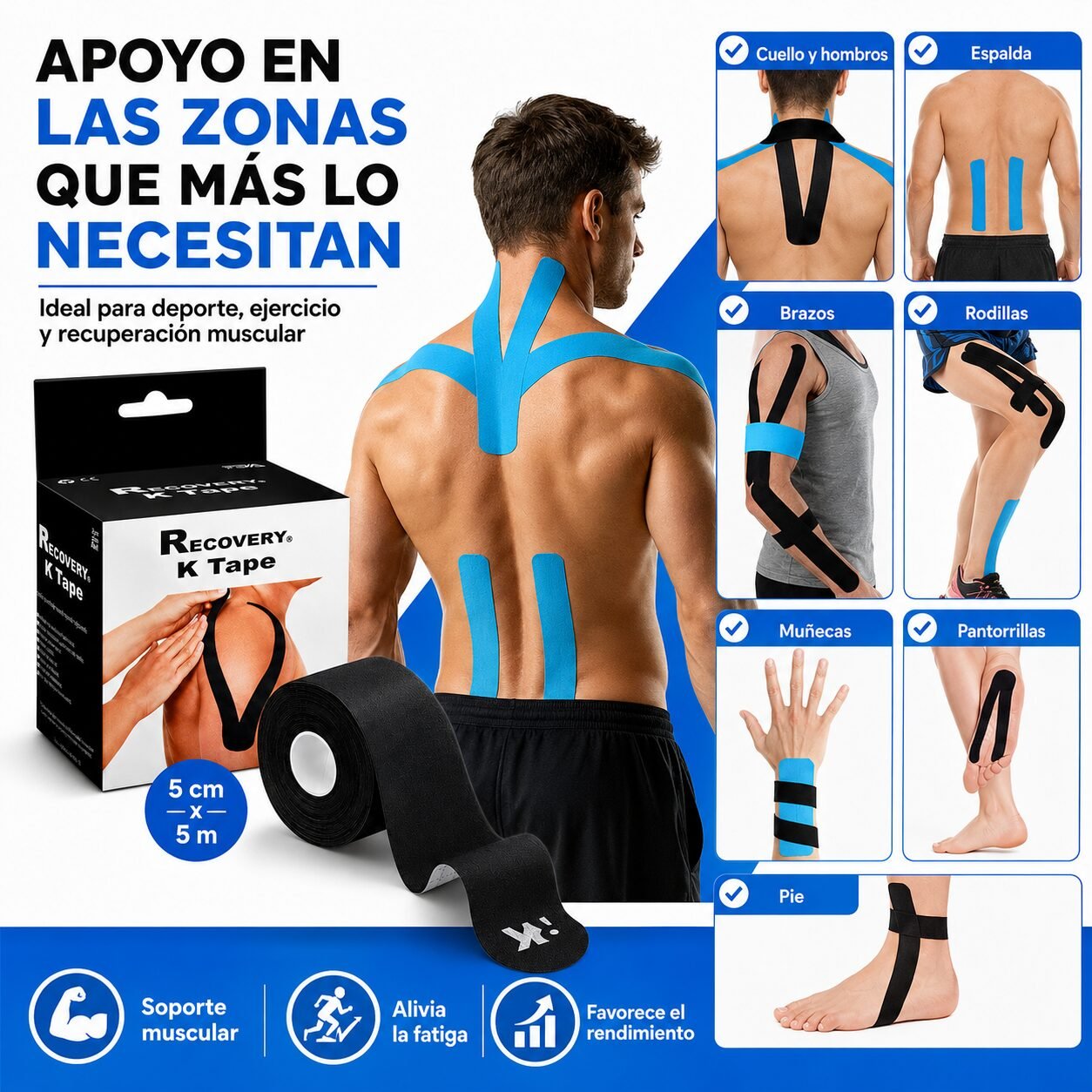 K Tape Recovery Negro 5 cm x 5 m - 20 Tiras Precortadas