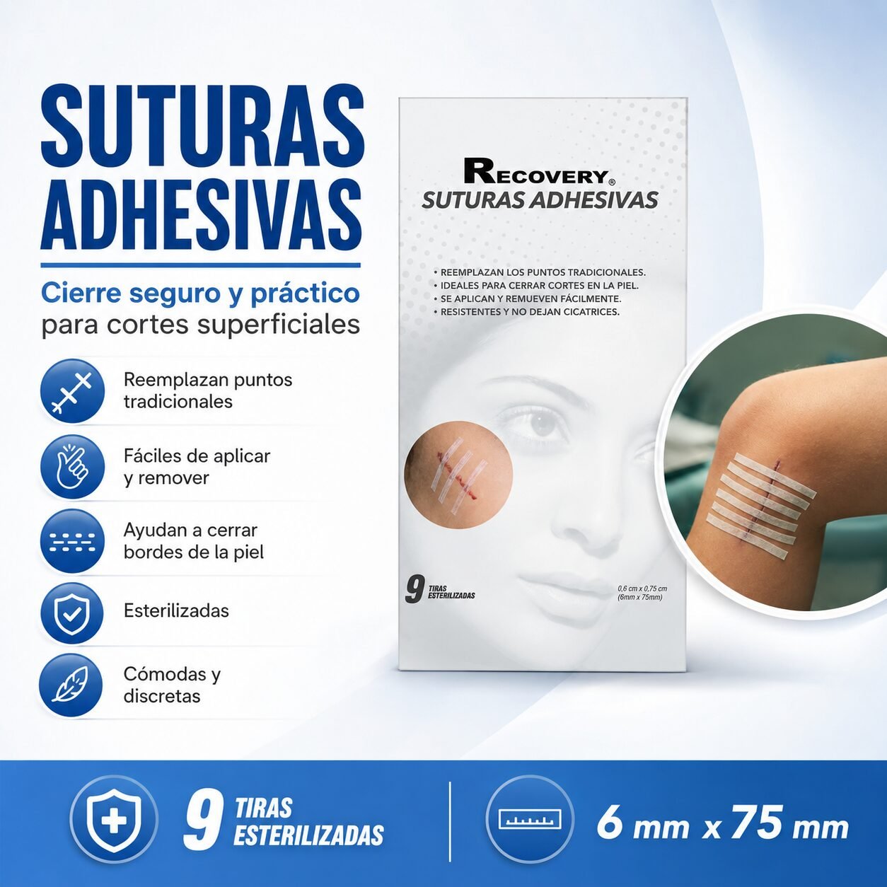 Suturas Adhesivas Recovery 6 x 75 mm - 9 Unidades