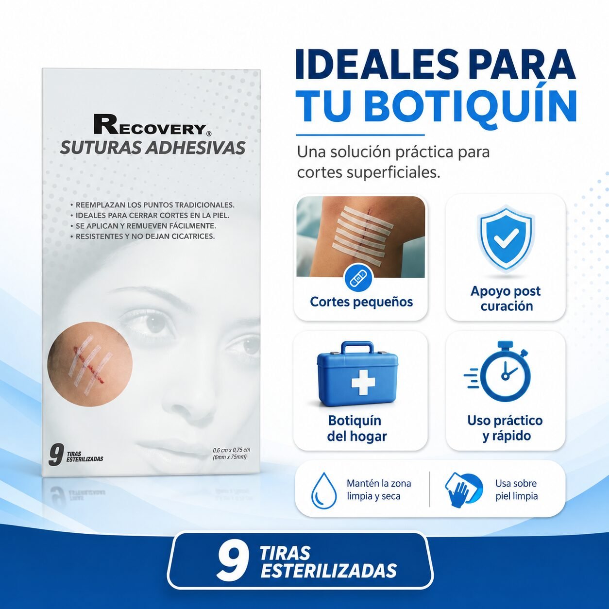 Suturas Adhesivas Recovery 6 x 75 mm - 9 Unidades