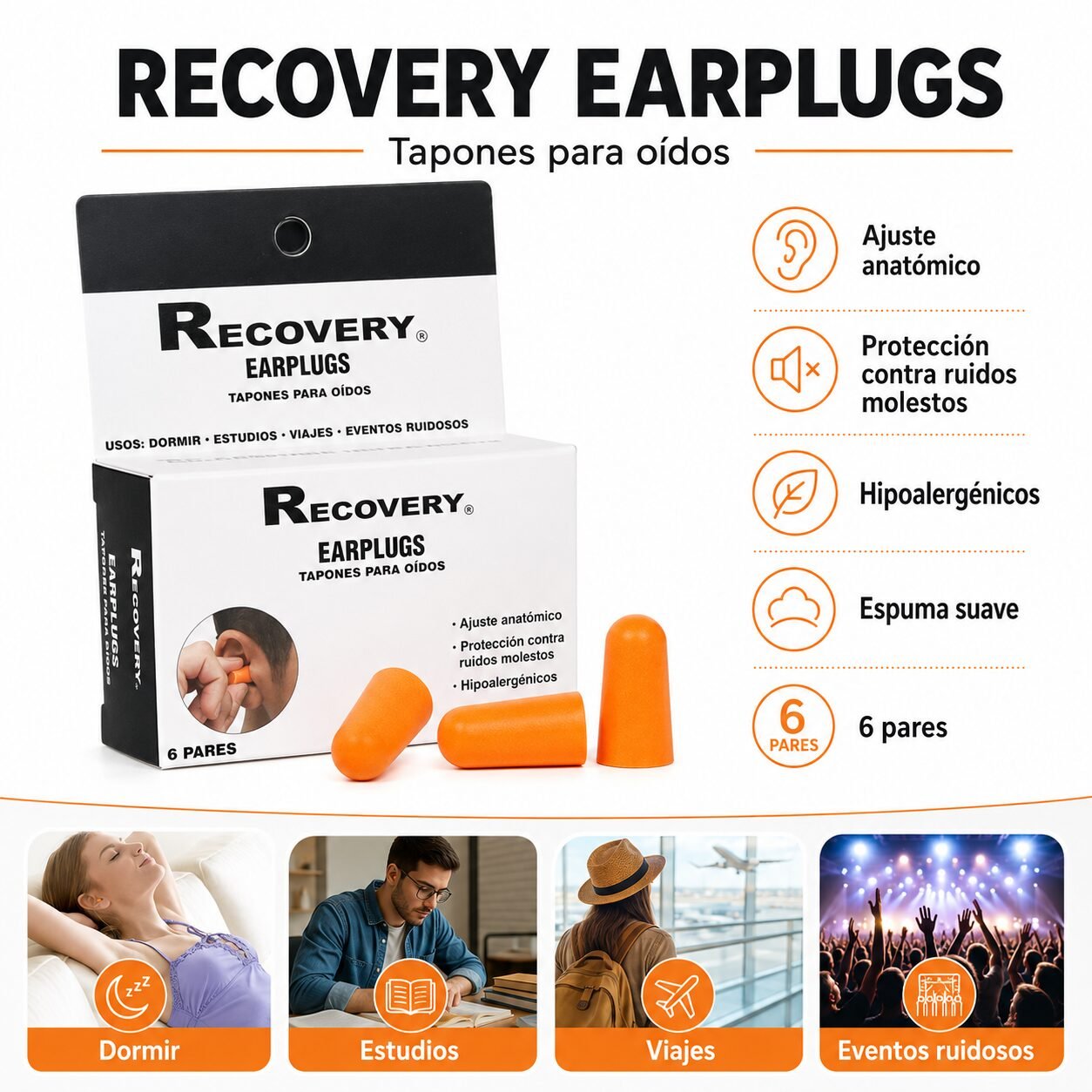 Tapones de Oído Recovery de Espuma Suave - 12 Unidades