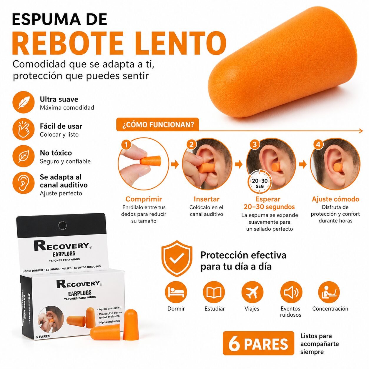 Tapones de Oído Recovery de Espuma Suave - 12 Unidades