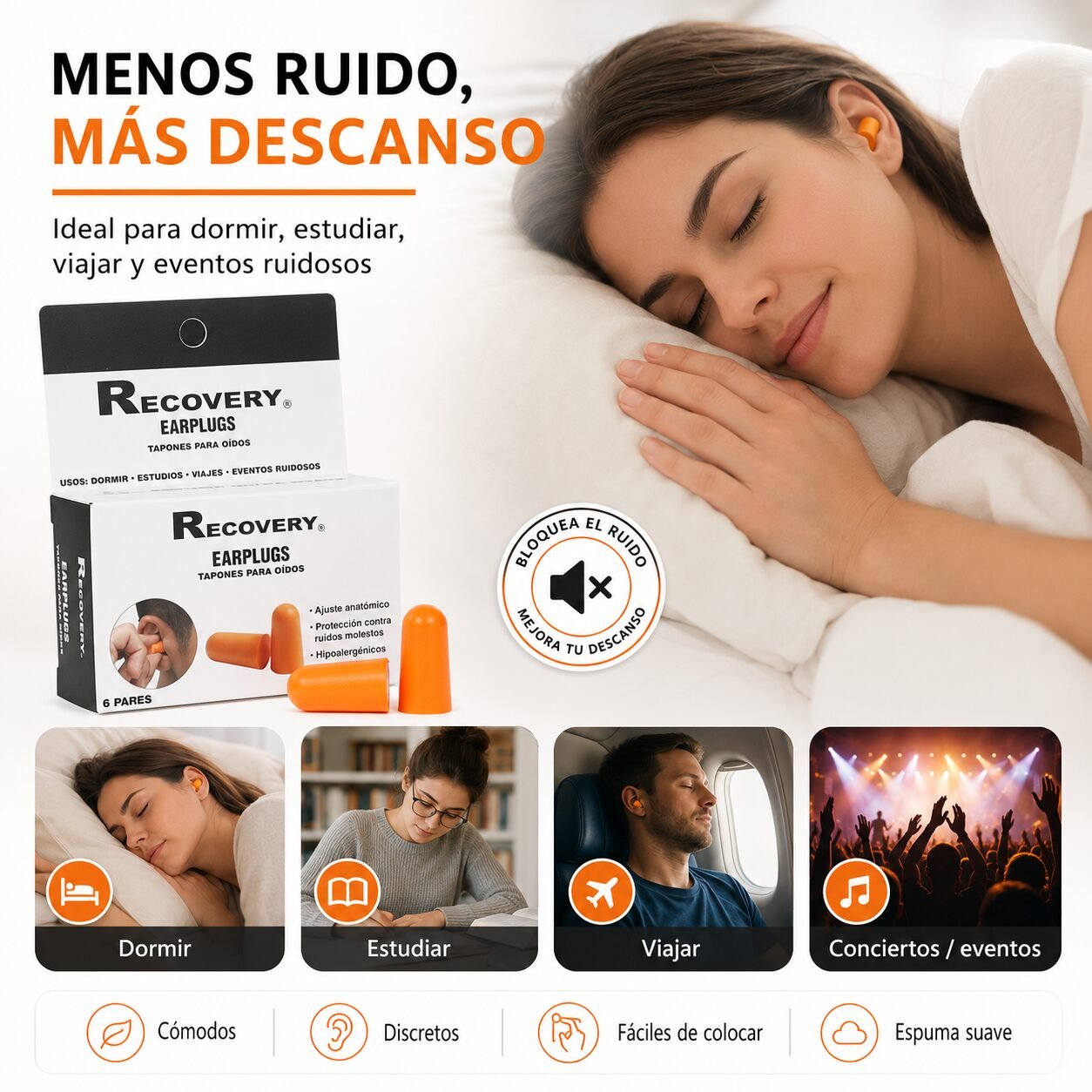 Tapones de Oído Recovery de Espuma Suave - 12 Unidades