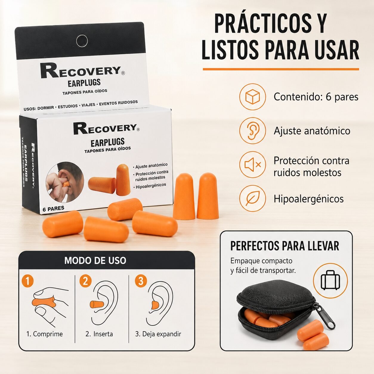Tapones de Oído Recovery de Espuma Suave - 12 Unidades