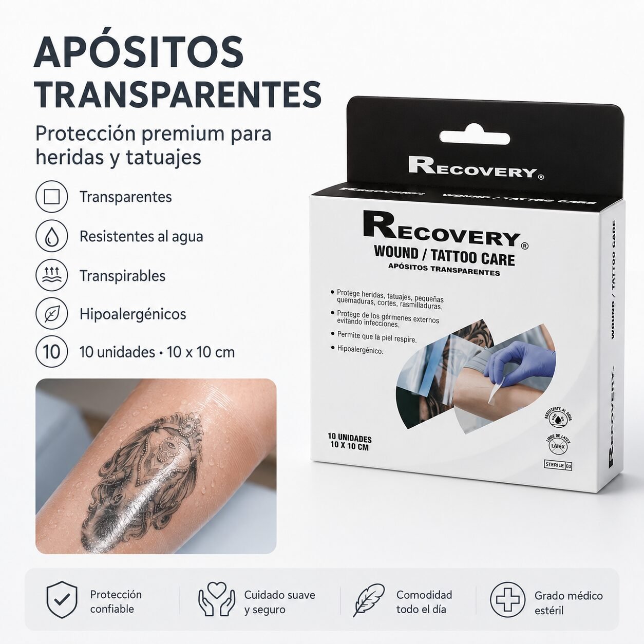 Parche Impermeable Recovery para Heridas y Tatuajes 10 x 10 cm