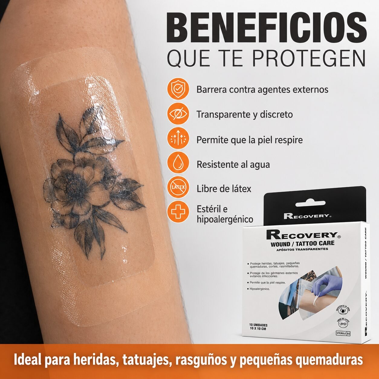 Parche Impermeable Recovery para Heridas y Tatuajes 10 x 10 cm