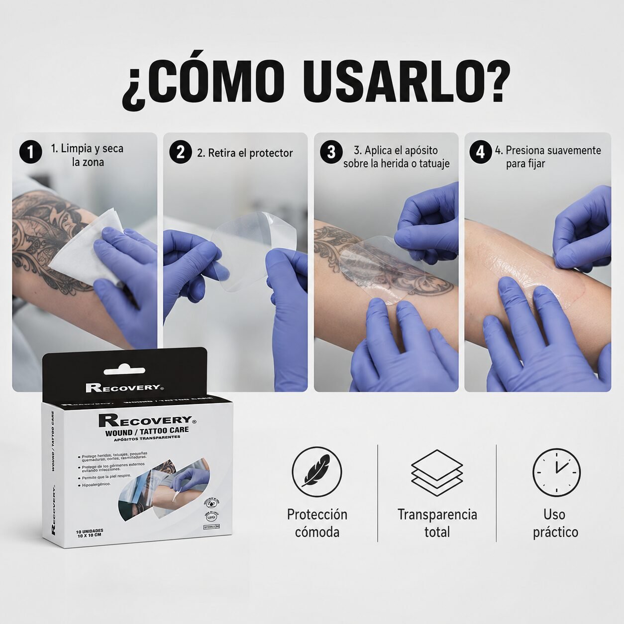 Parche Impermeable Recovery para Heridas y Tatuajes 10 x 10 cm