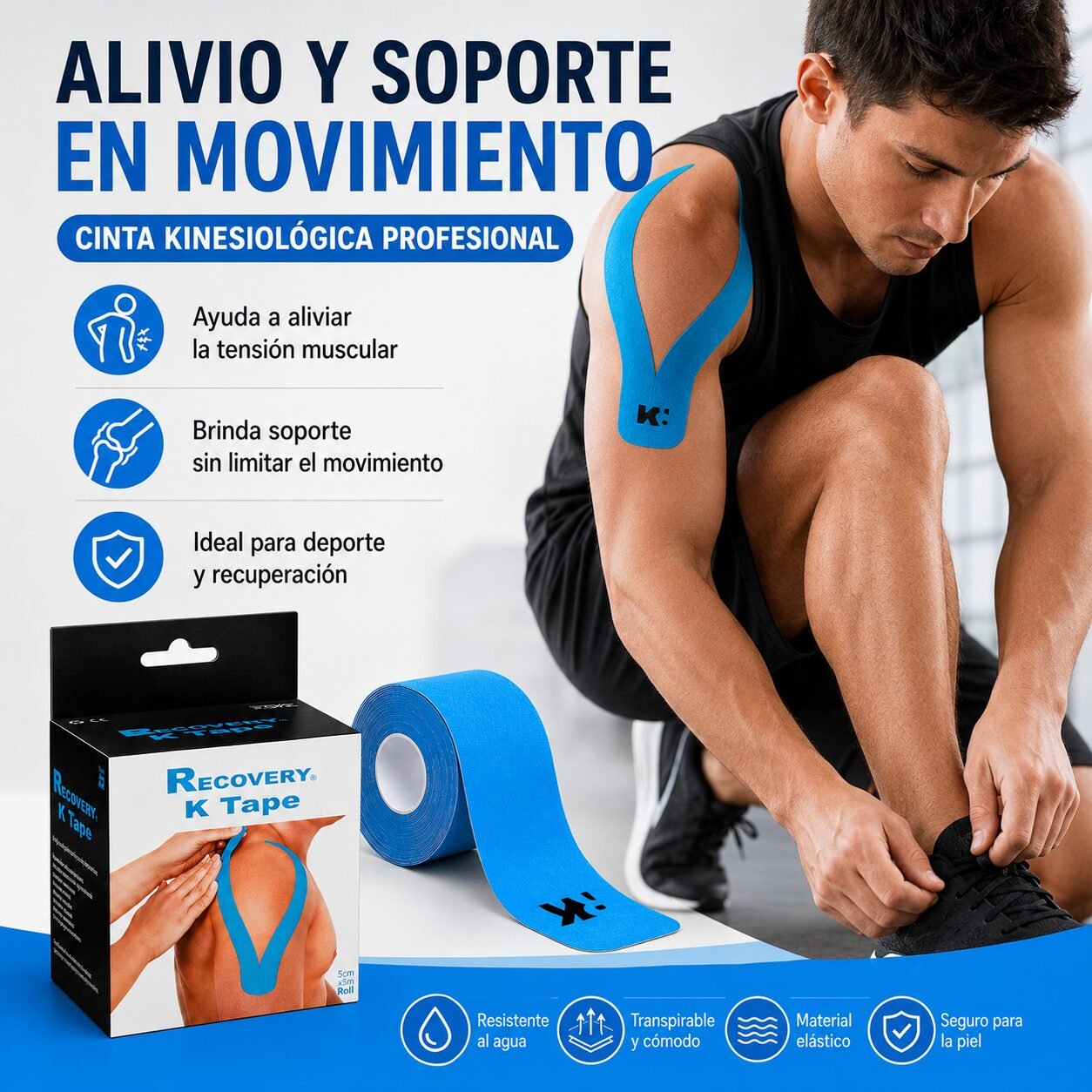 K Tape Recovery Azul 5 cm x 5 m - 20 Tiras Precortadas