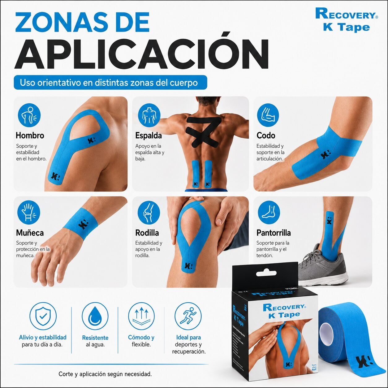 K Tape Recovery Azul 5 cm x 5 m - 20 Tiras Precortadas