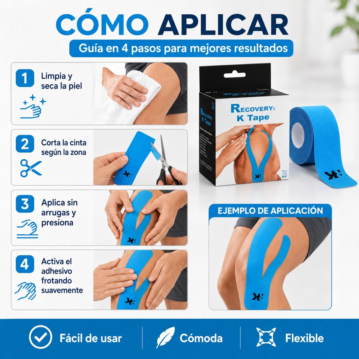 K Tape Recovery Azul 5 cm x 5 m - 20 Tiras Precortadas