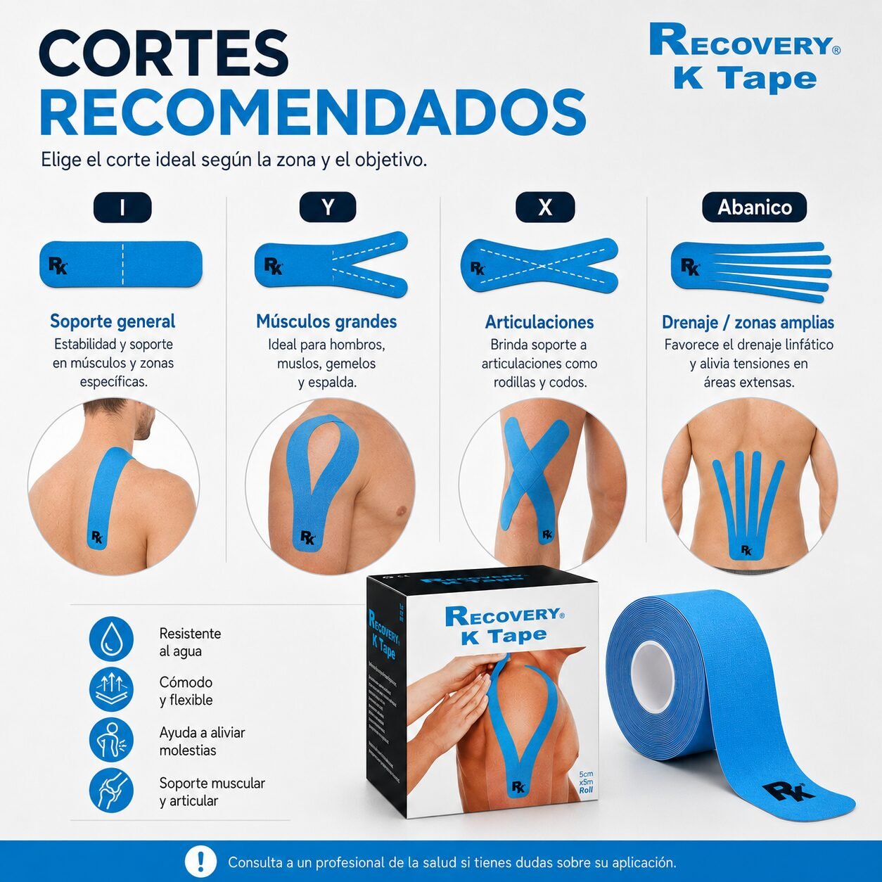 K Tape Recovery Azul 5 cm x 5 m - 20 Tiras Precortadas