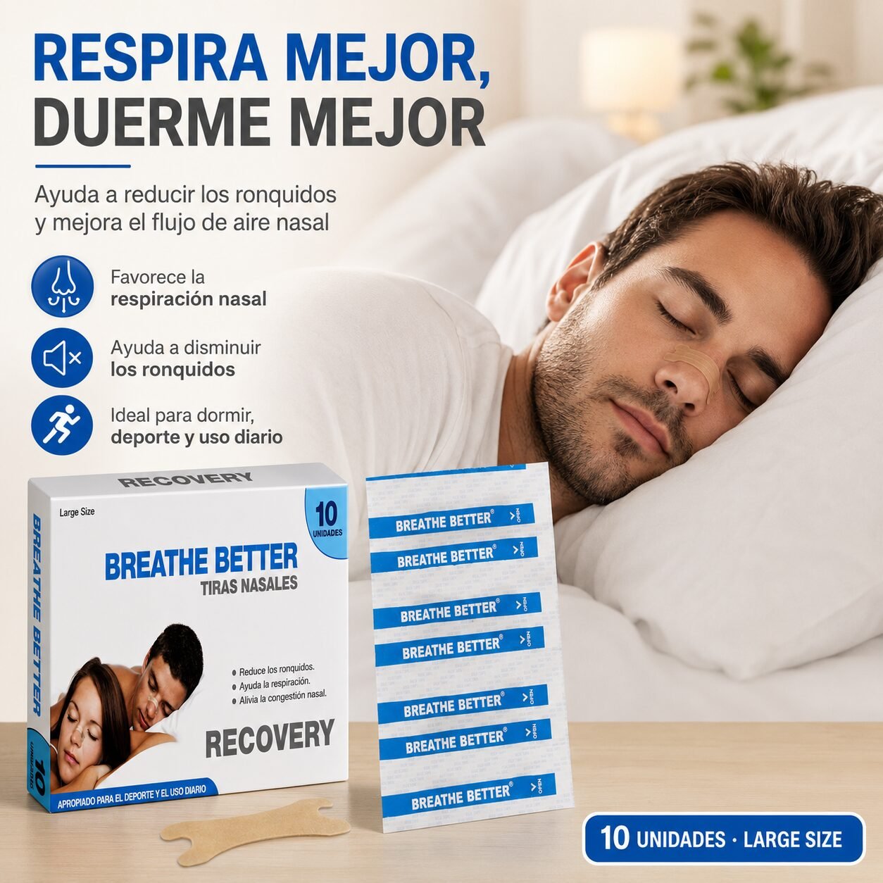 Tiras Nasales Recovery para Respiración y Ronquidos - 10 Unidades