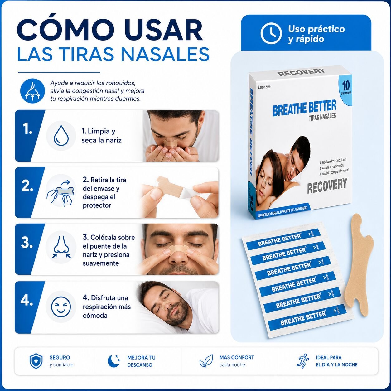 Tiras Nasales Recovery para Respiración y Ronquidos - 10 Unidades