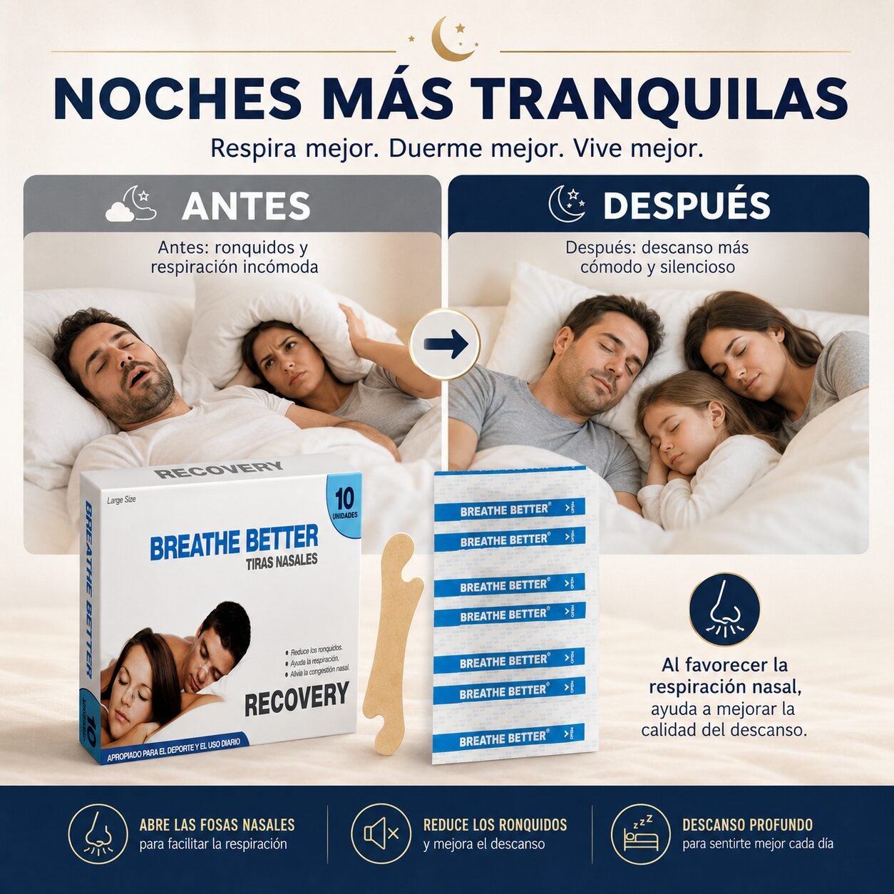 Tiras Nasales Recovery para Respiración y Ronquidos - 10 Unidades