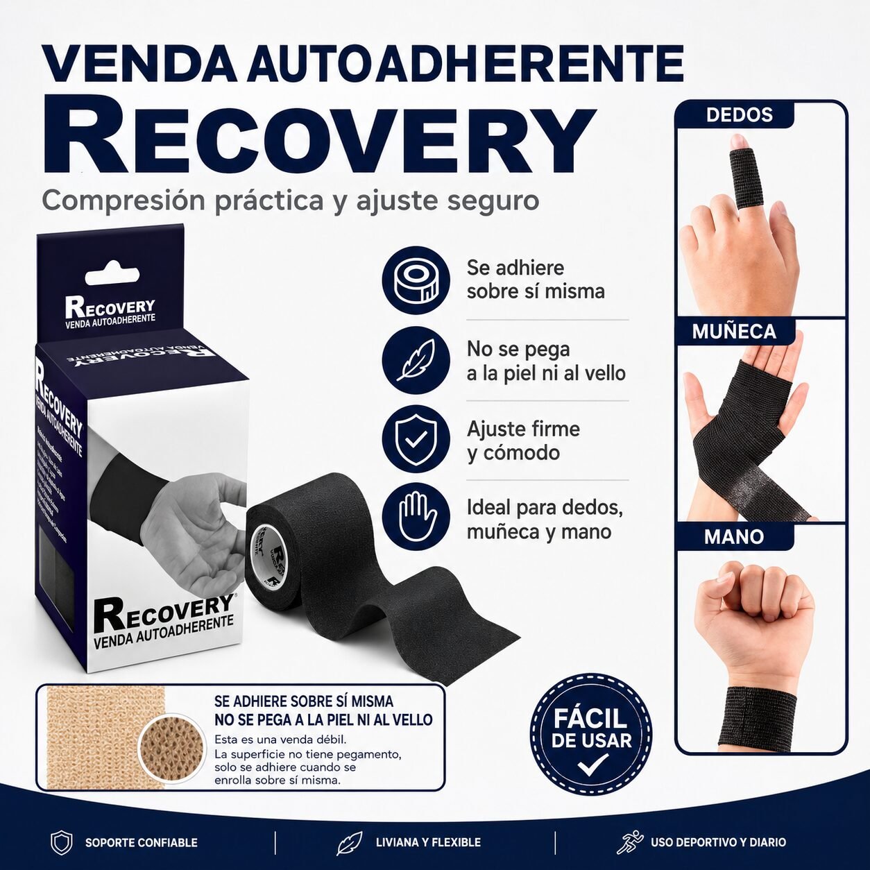 Venda Autoadherente Recovery Negra 7,5 cm x 4,5 m