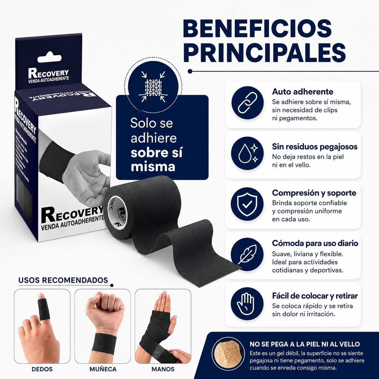 Venda Autoadherente Recovery Negra 7,5 cm x 4,5 m