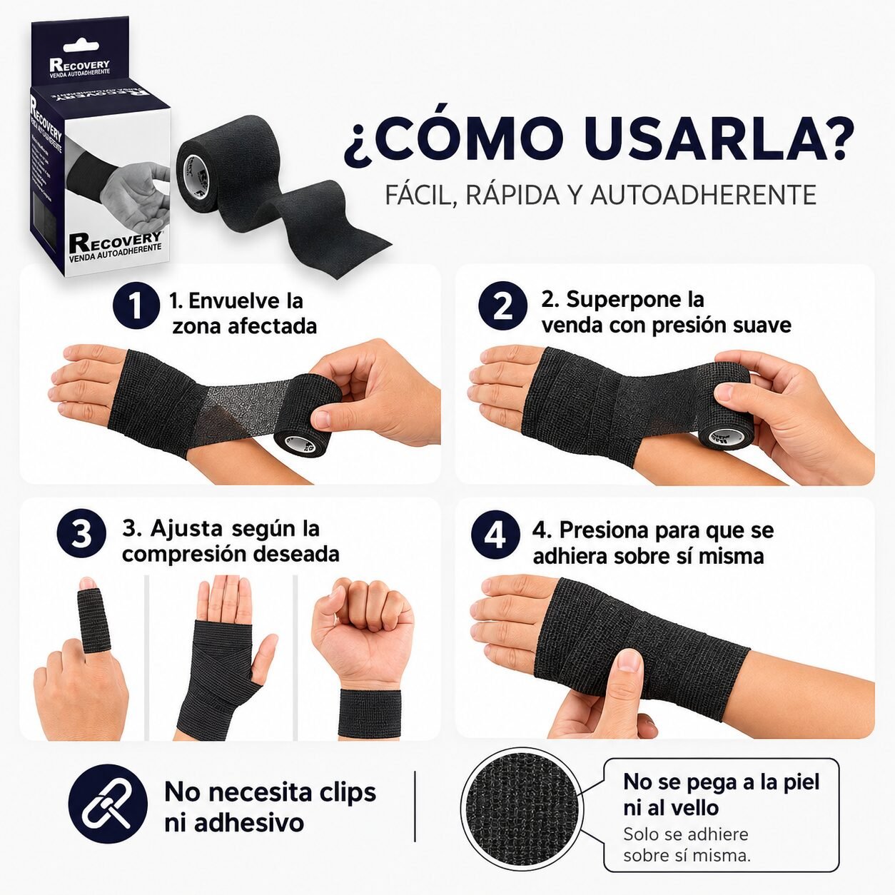 Venda Autoadherente Recovery Negra 7,5 cm x 4,5 m