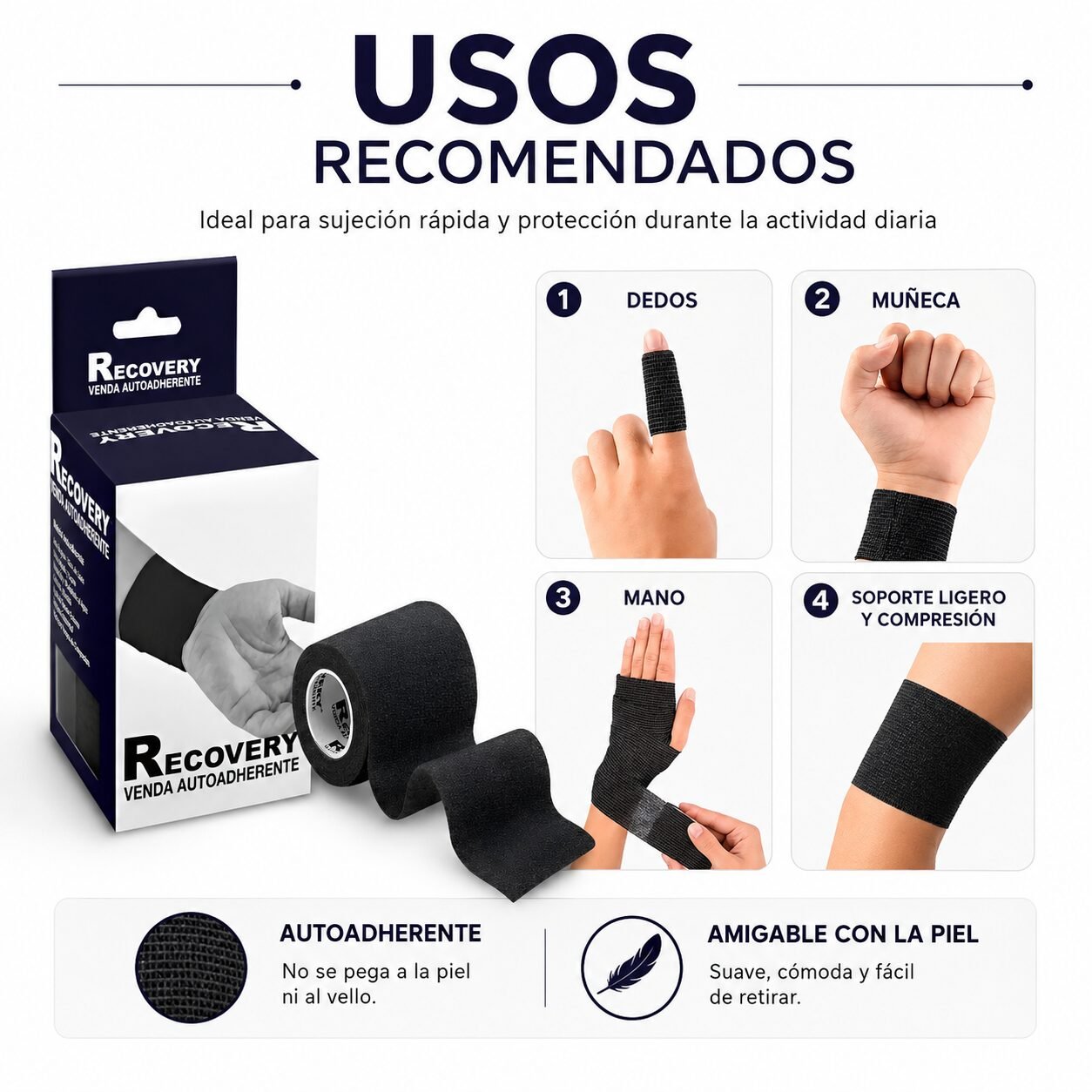 Venda Autoadherente Recovery Negra 7,5 cm x 4,5 m