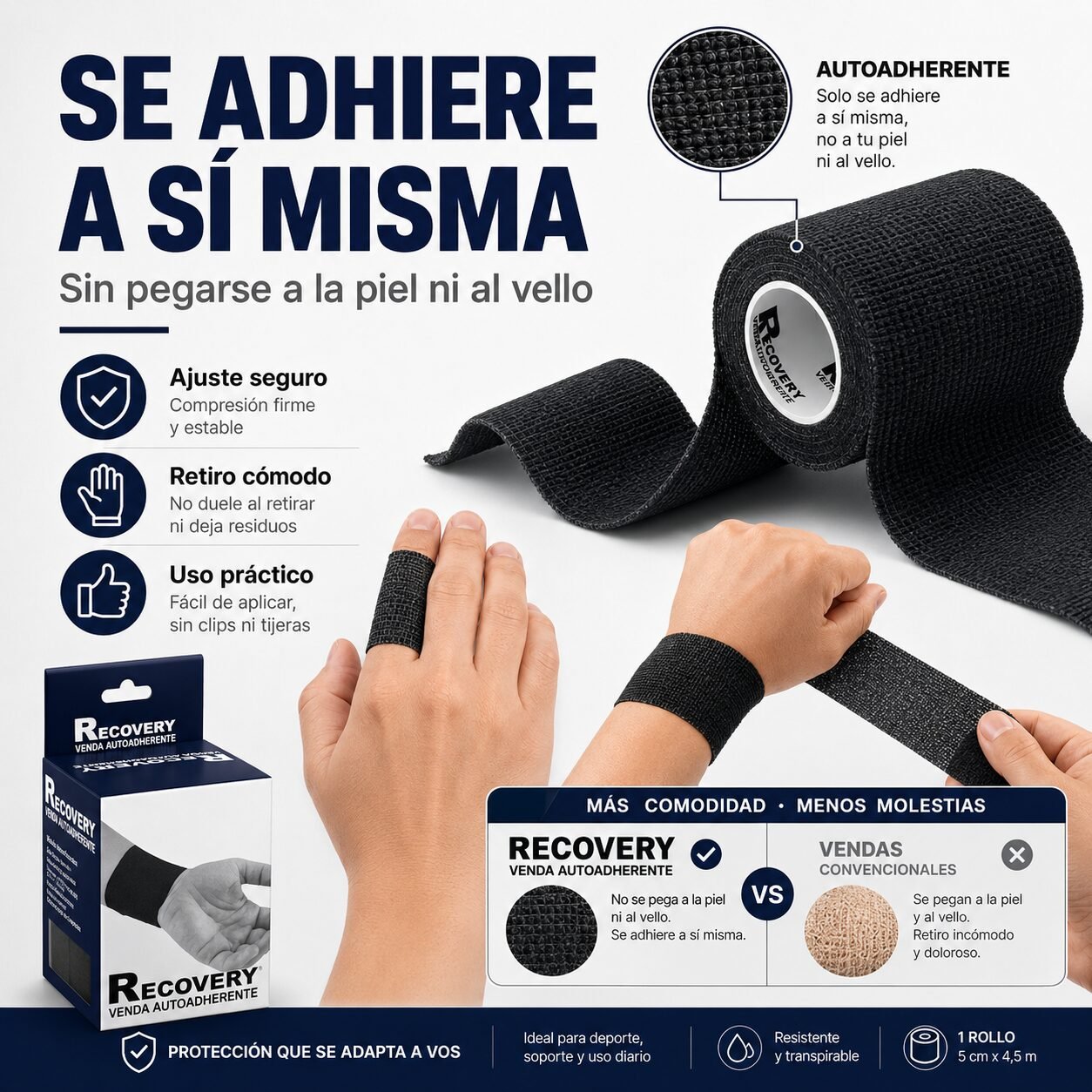 Venda Autoadherente Recovery Negra 7,5 cm x 4,5 m