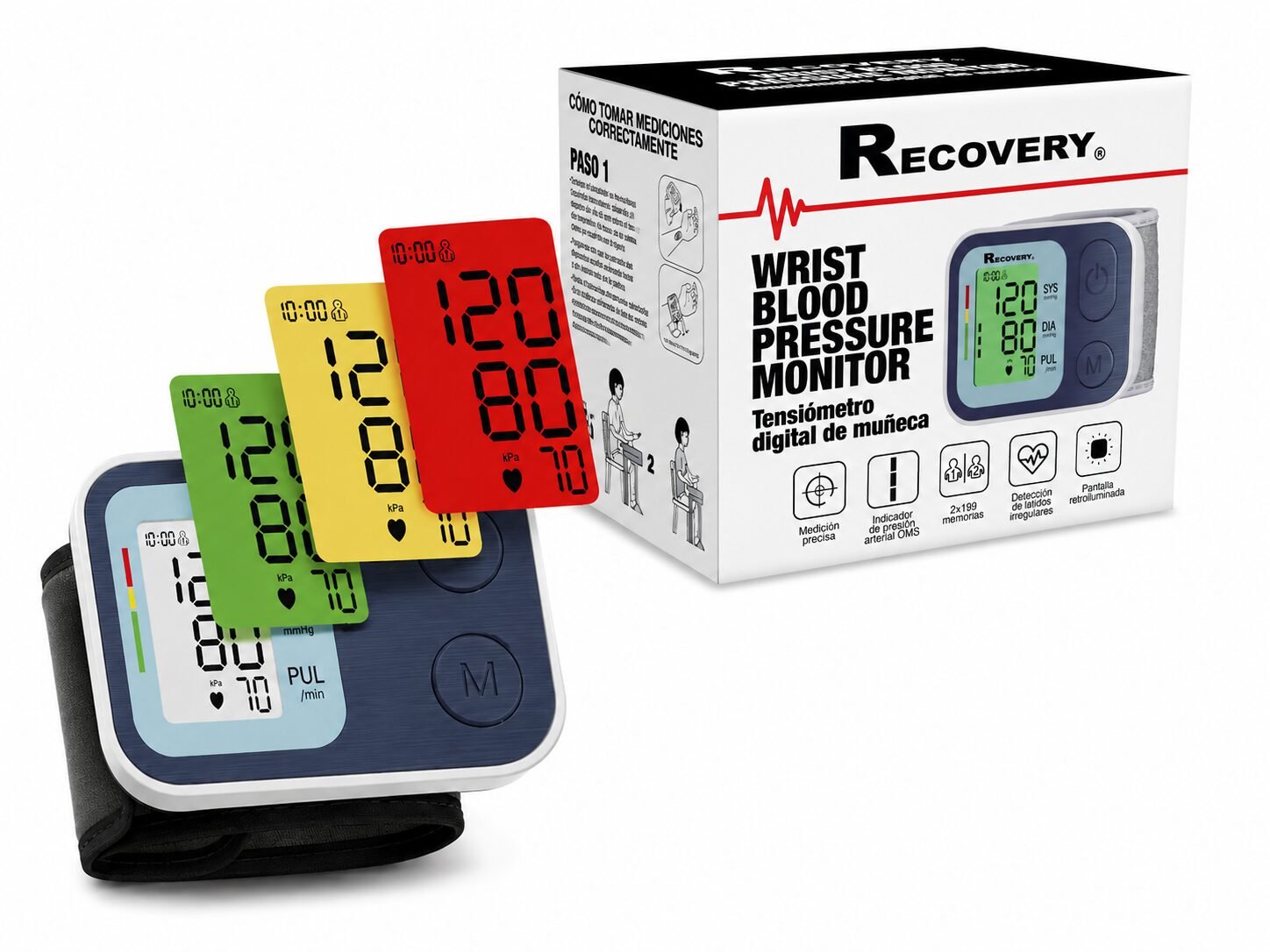 Tensiómetro Digital de Muñeca Recovery - Monitor de Presión Arterial con Indicador OMS, 2x199 Memorias y Detección de Arritmia - Recovery Chile