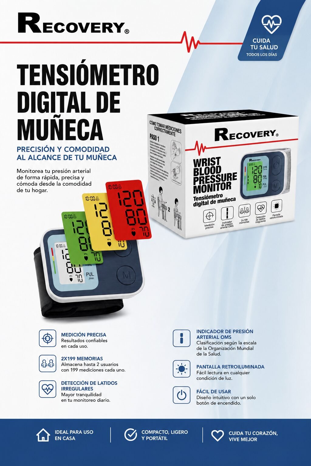 Tensiómetro Digital de Muñeca Recovery - Monitor de Presión Arterial con Indicador OMS, 2x199 Memorias y Detección de Arritmia